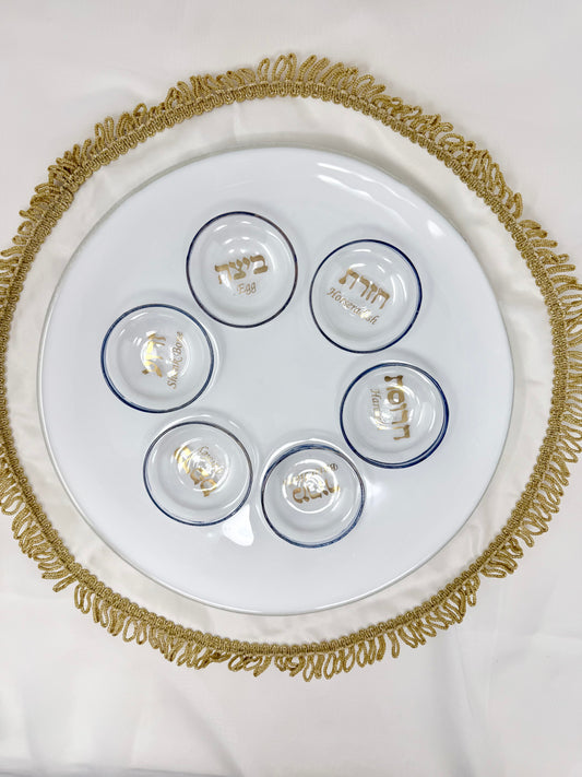 White Opal Seder Plate with 23K Gold Lettering & Cobalt Blue Details