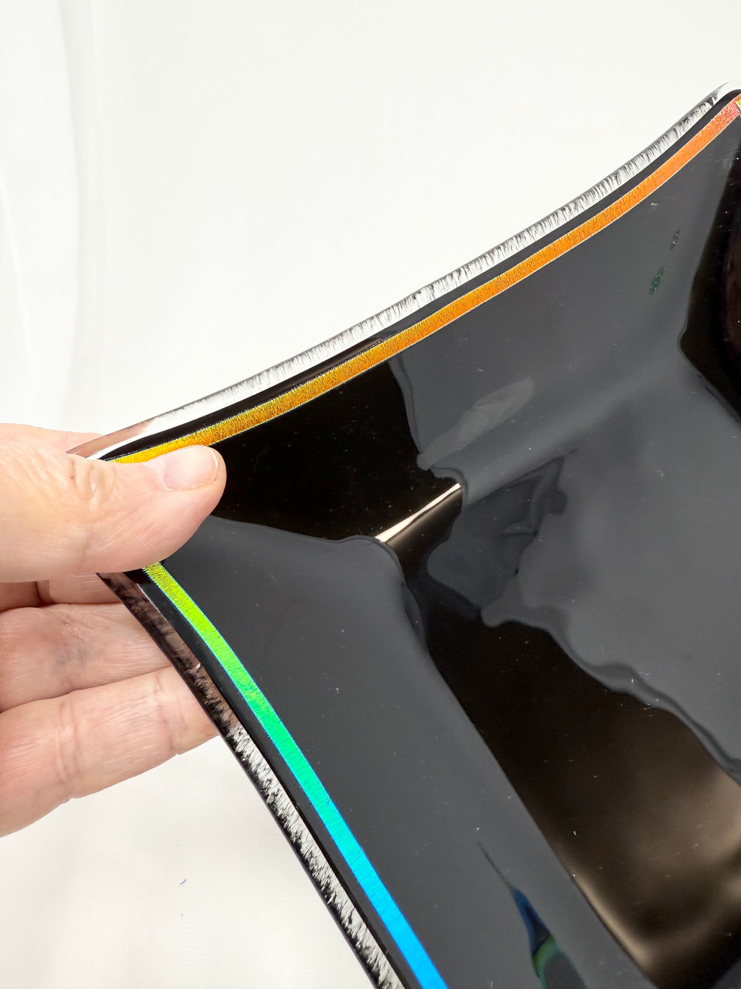 Square Platter – Black with Rainbow Dichroic Rim – 20 cm
