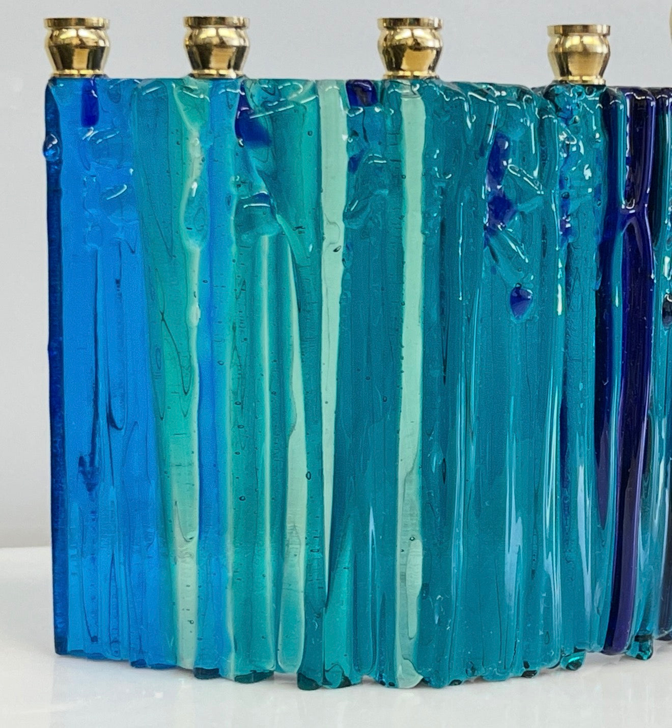 Cobalt & Turquoise Fused Glass Hanukkah Menorah – Handmade Judaica