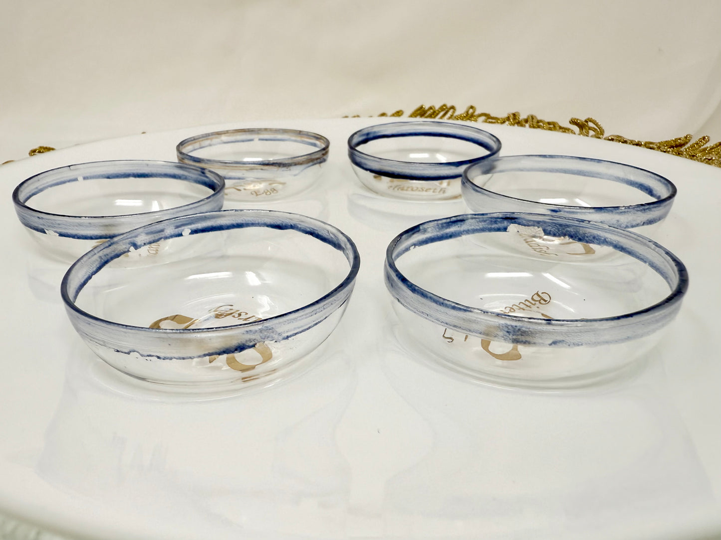 White Opal Seder Plate with 23K Gold Lettering & Cobalt Blue Details