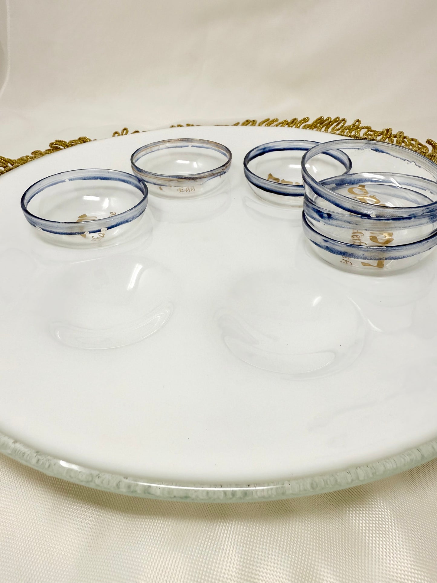 White Opal Seder Plate with 23K Gold Lettering & Cobalt Blue Details