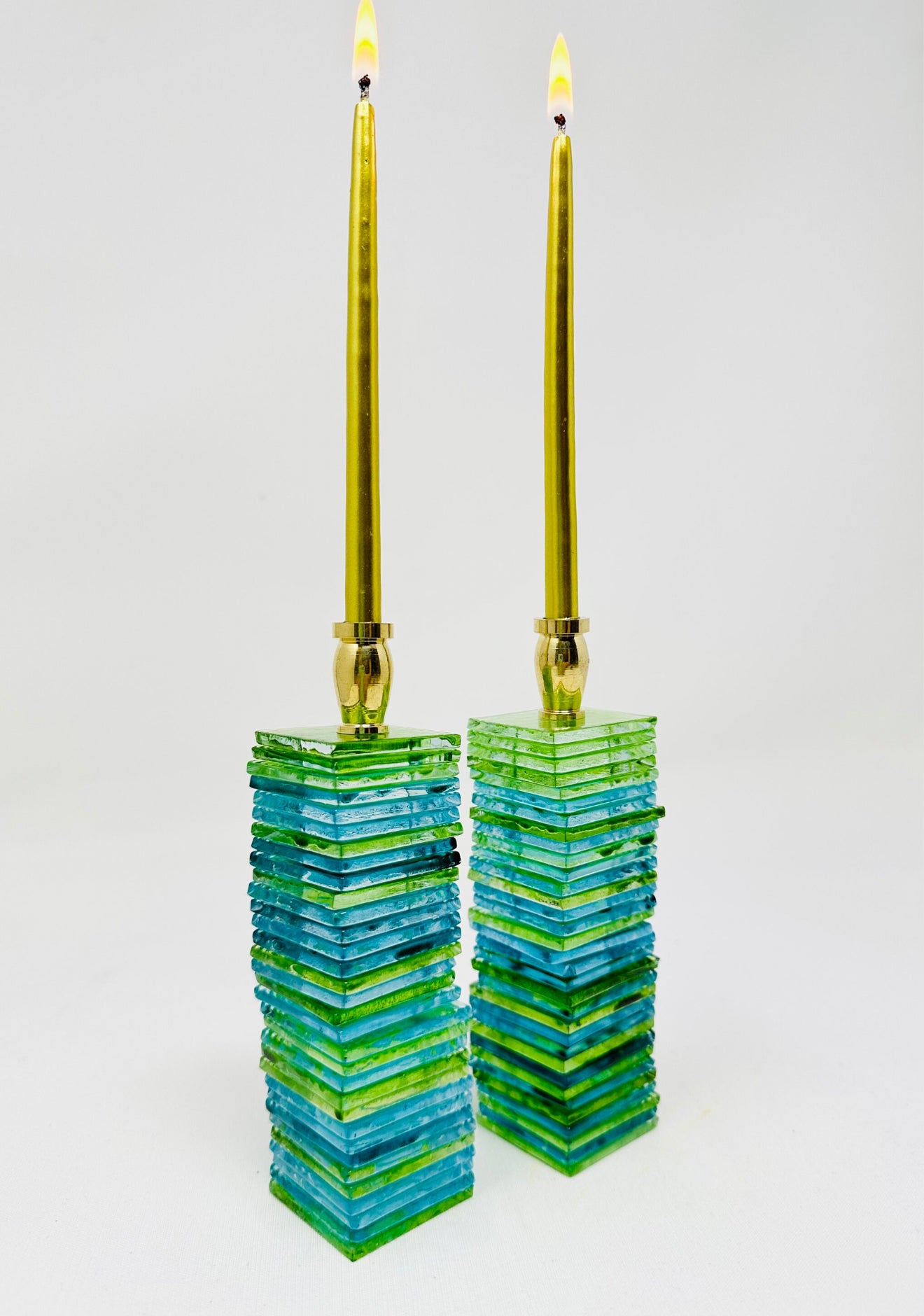 Ocean-Inspired Chuppah Glass Shabbat Candlesticks
– Set of 2 -