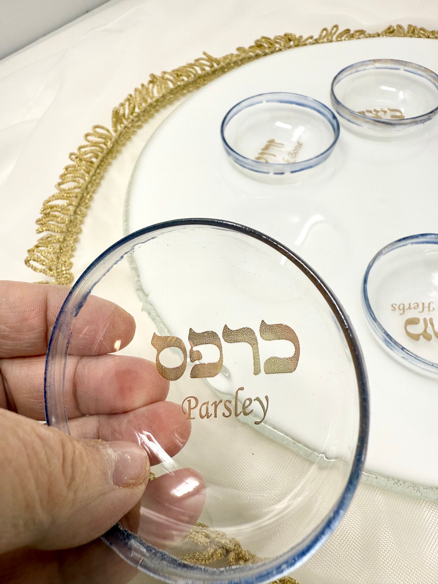 White Opal Seder Plate with 23K Gold Lettering & Cobalt Blue Details