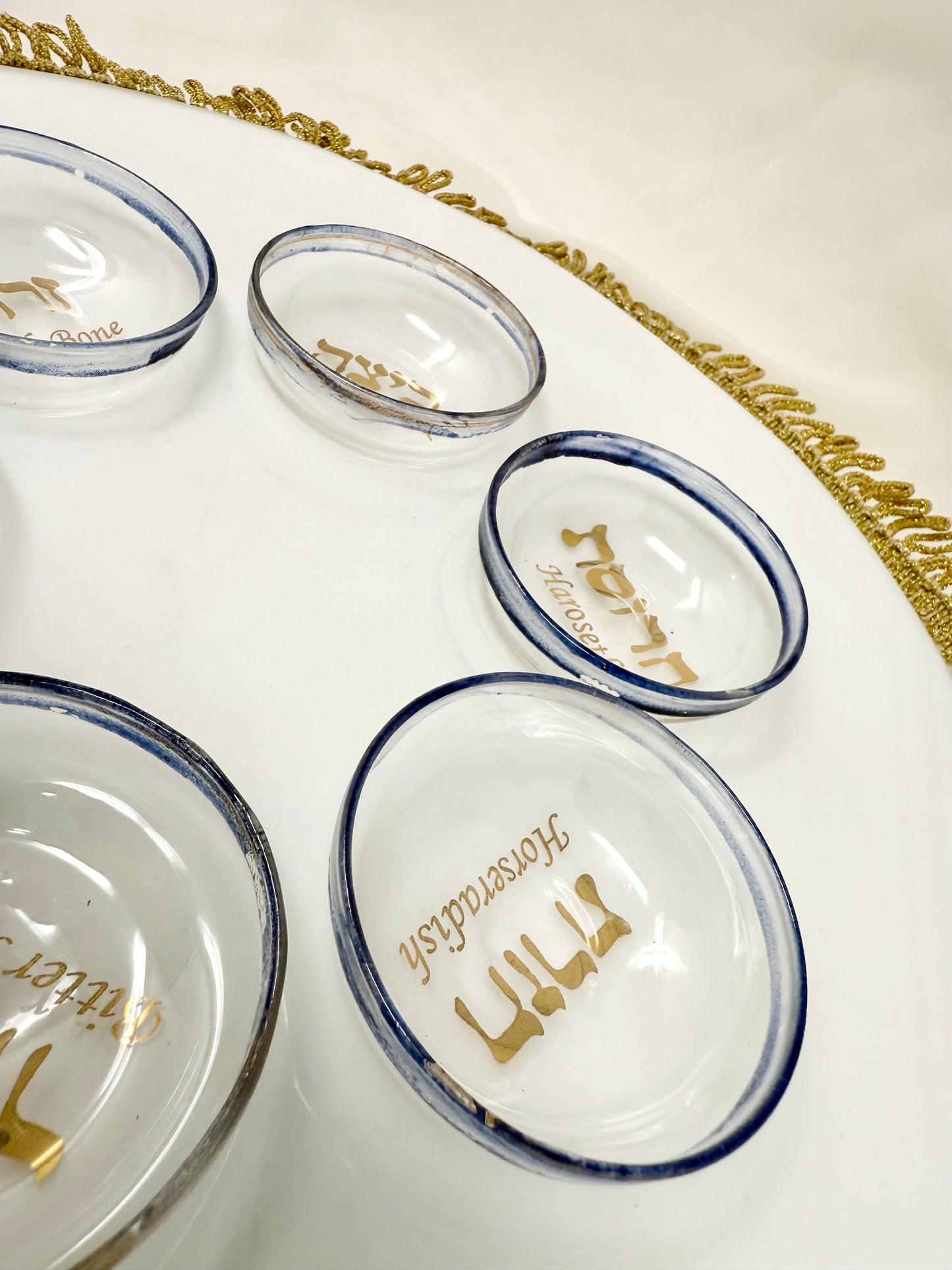 White Opal Seder Plate with 23K Gold Lettering & Cobalt Blue Details