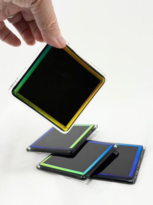 Set of 4 Coasters – Black with Dichroic Rim – 9 cm