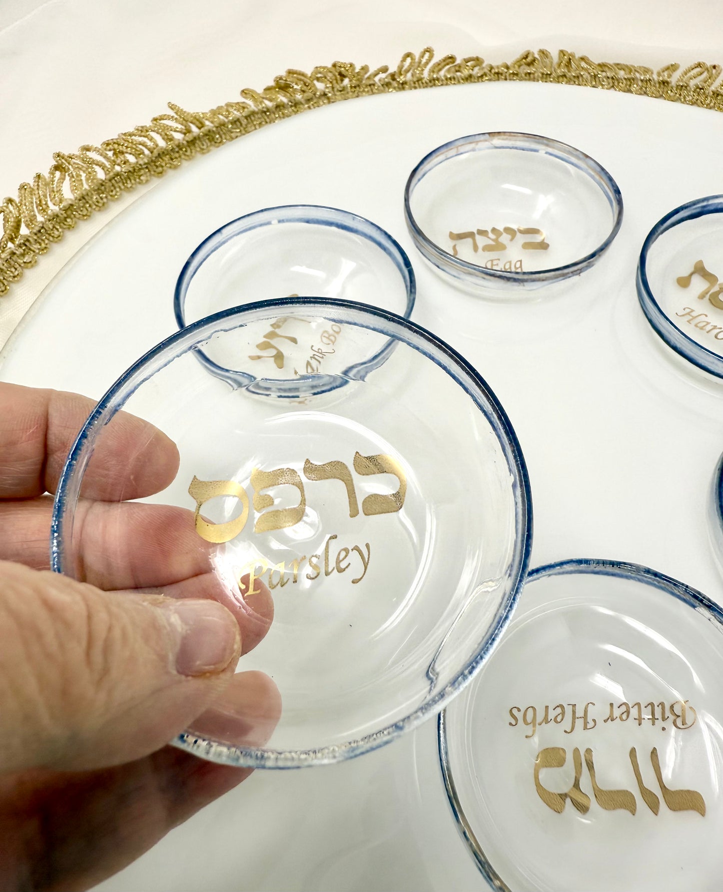 White Opal Seder Plate with 23K Gold Lettering & Cobalt Blue Details
