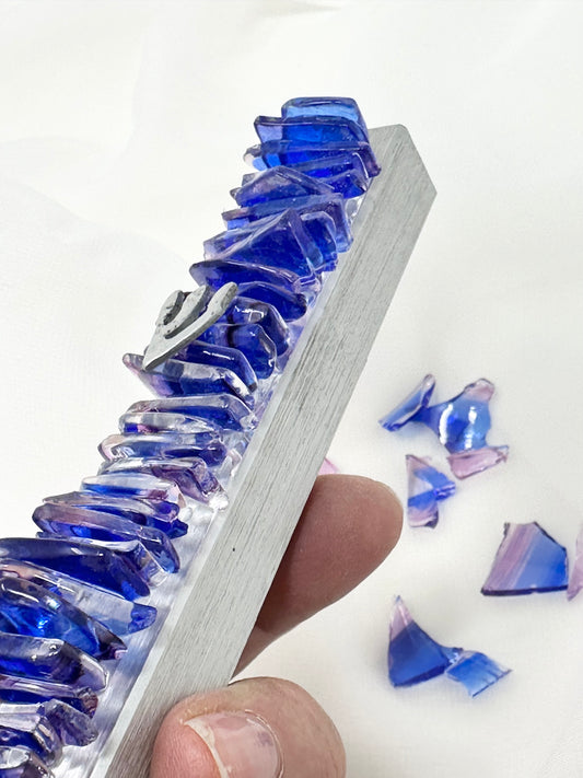 Wedding glass mezuzah in vertical design made with colourful Chuppah glass shards