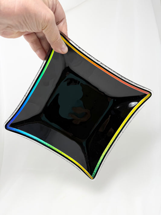 Square Platter – Black with Rainbow Dichroic Rim – 20 cm