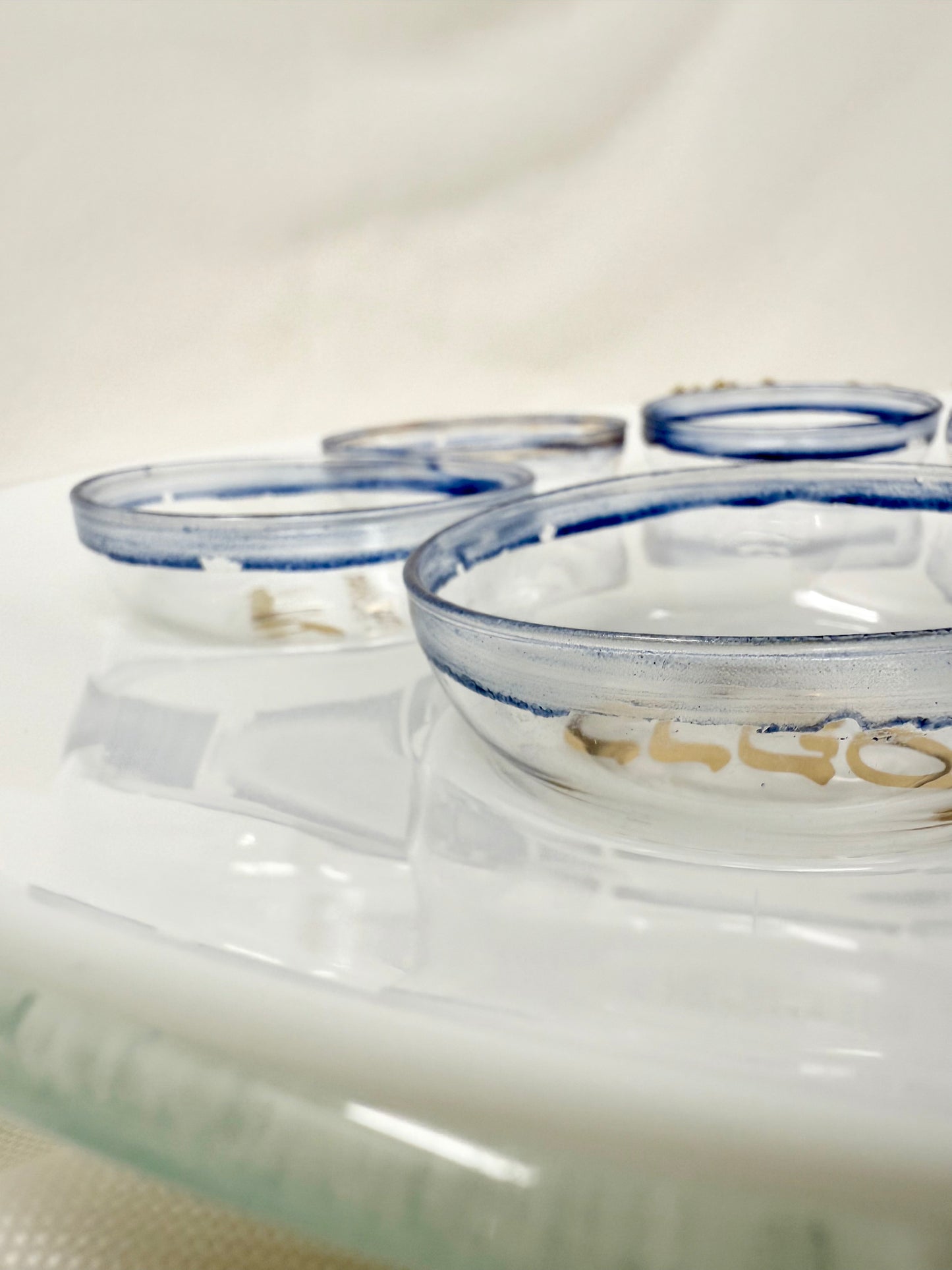 White Opal Seder Plate with 23K Gold Lettering & Cobalt Blue Details
