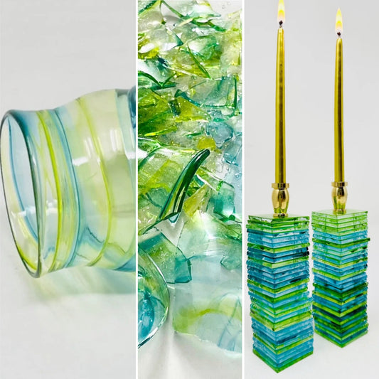 Ocean-Inspired Chuppah Glass Shabbat Candlesticks
 – Set of 2 -
