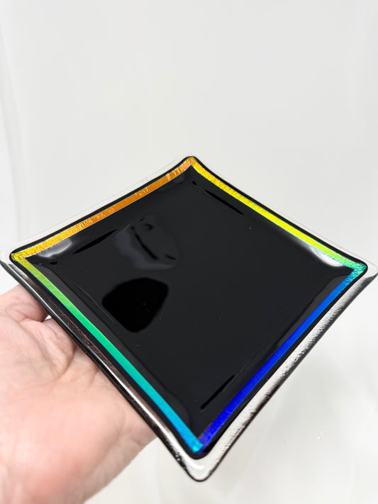 Square Platter – Black with Rainbow Dichroic Rim – 15 cm
