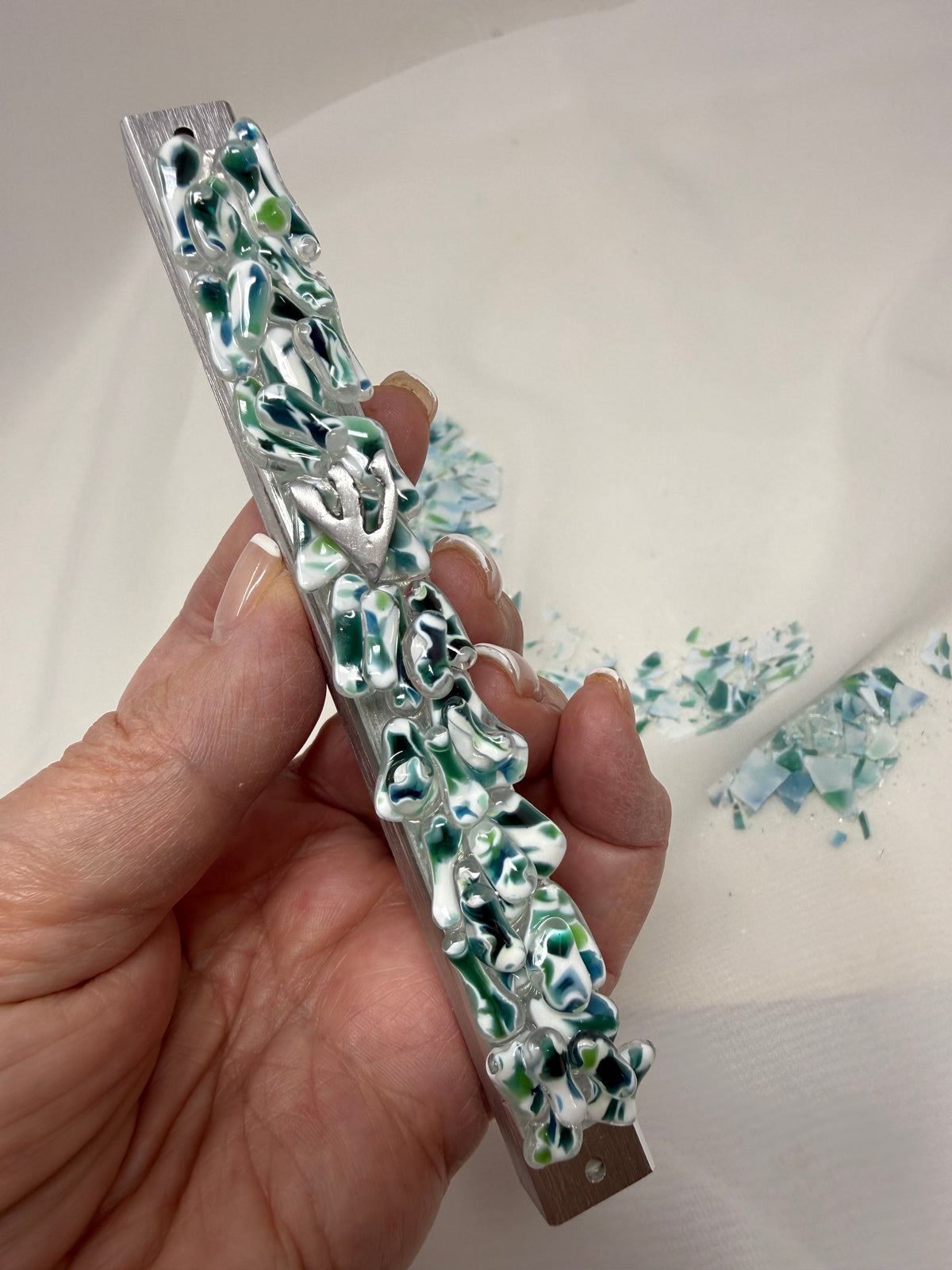 Personalized Upright Wedding Mezuzah Design
(Made with Your Chuppah Glass shards)