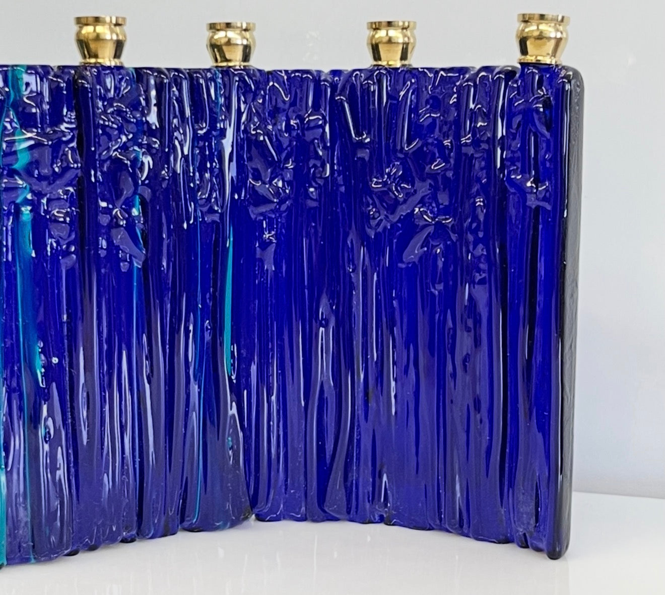 Cobalt & Turquoise Fused Glass Hanukkah Menorah – Handmade Judaica