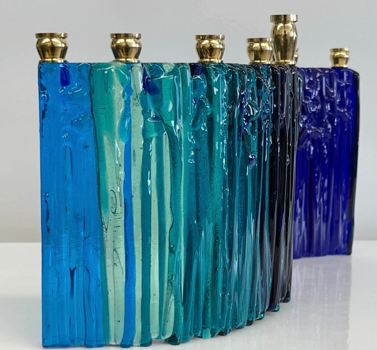 Cobalt & Turquoise Fused Glass Hanukkah Menorah – Handmade Judaica