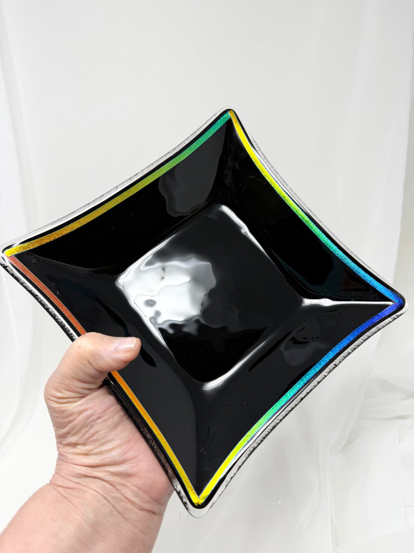 Square Platter – Black with Rainbow Dichroic Rim – 20 cm