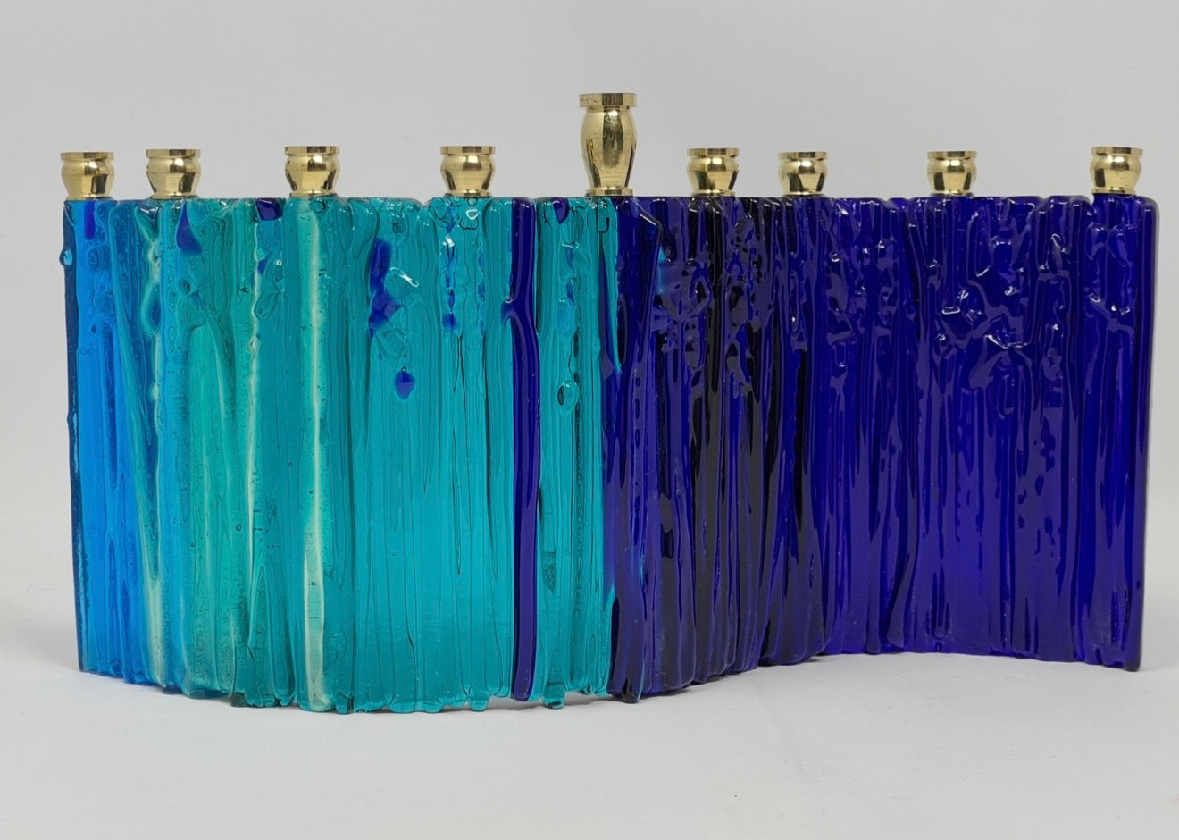Cobalt & Turquoise Fused Glass Hanukkah Menorah – Handmade Judaica