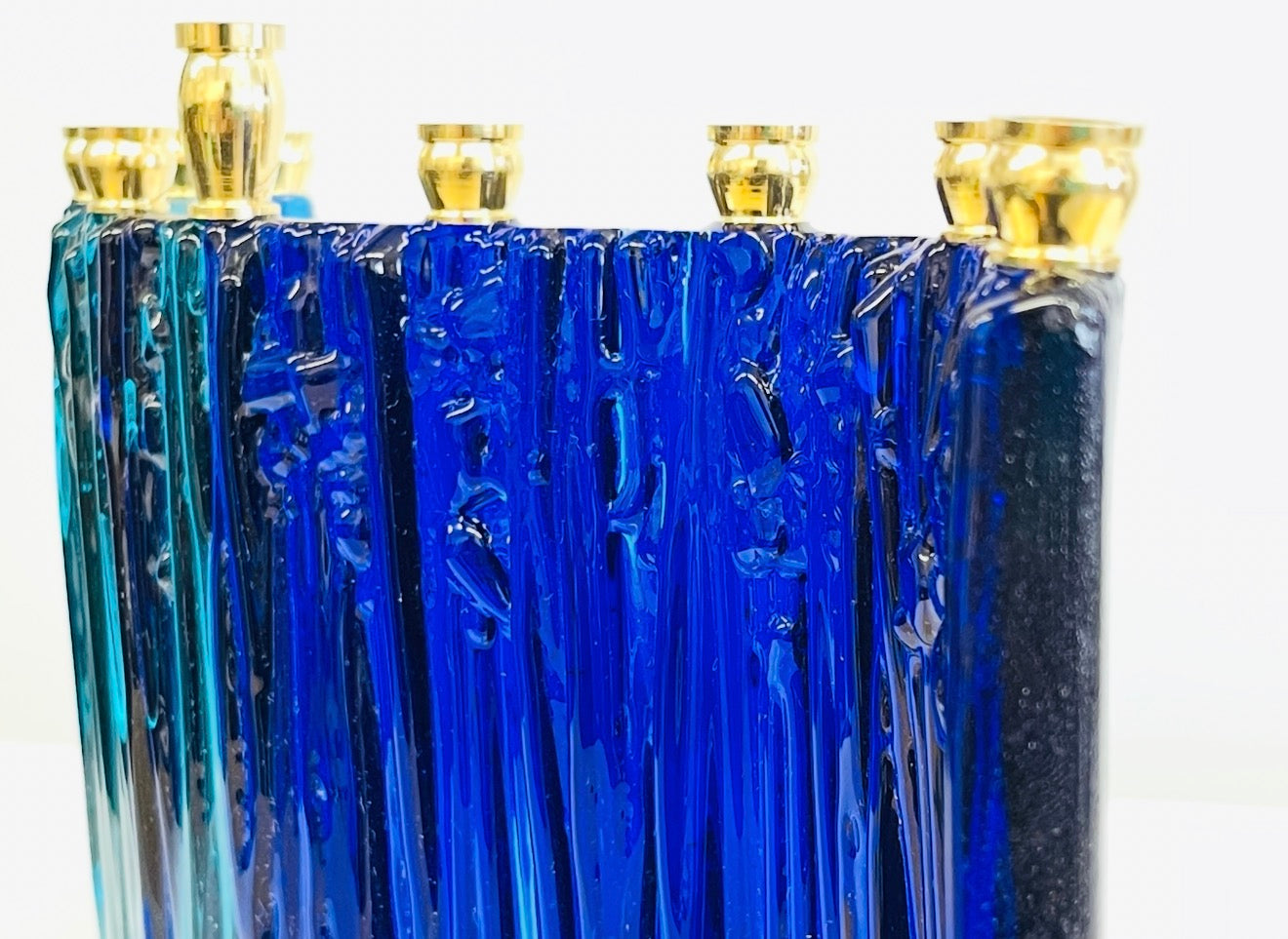 Cobalt & Turquoise Fused Glass Hanukkah Menorah – Handmade Judaica