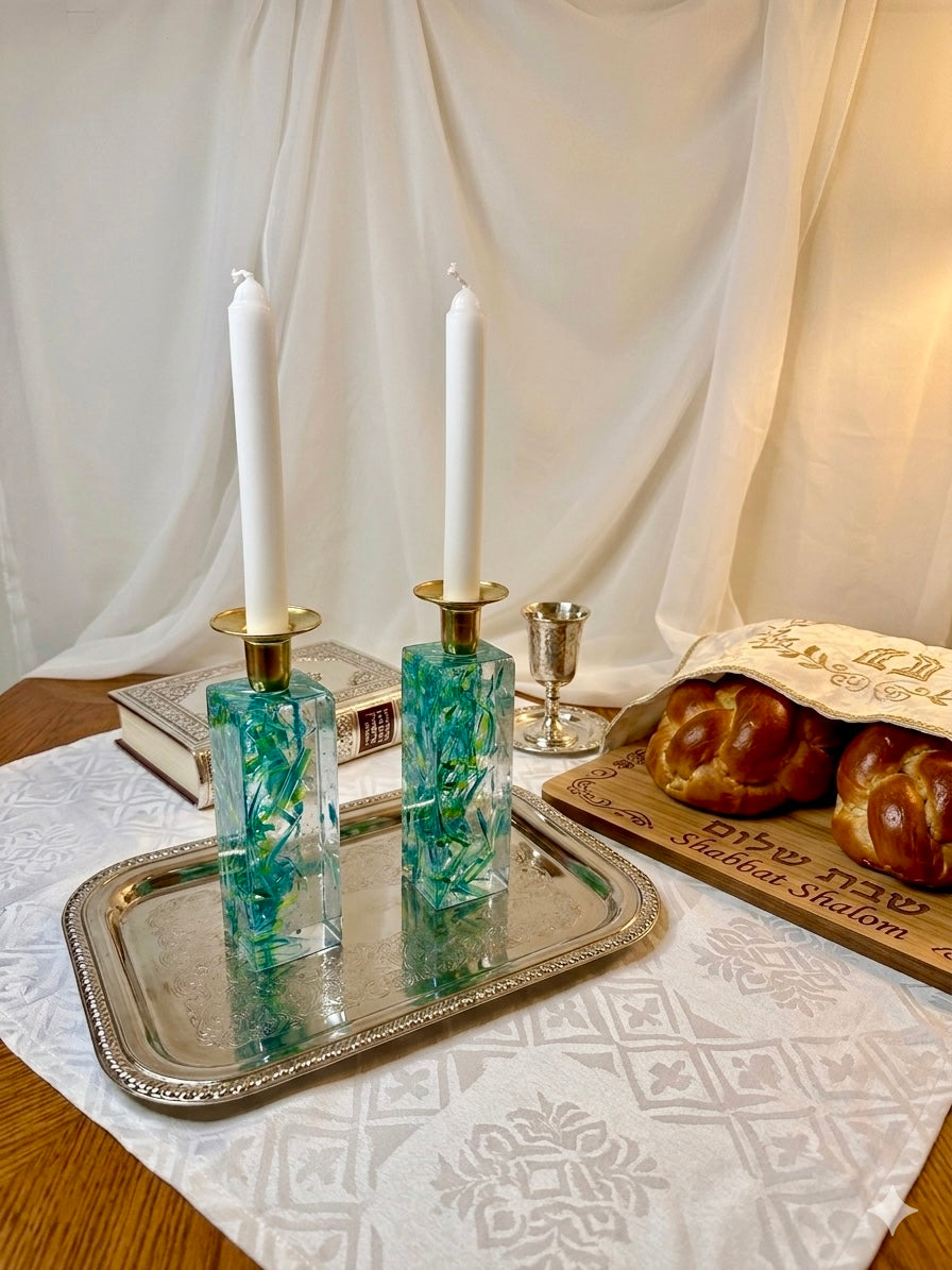 Tall Resin Shabbat Candlesticks — Kit — Includes Chuppah Glass for your Jewish Wedding