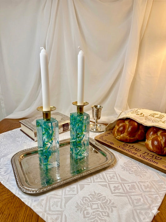 Tall Resin Shabbat Candlesticks — made with your Chuppah Glass shards