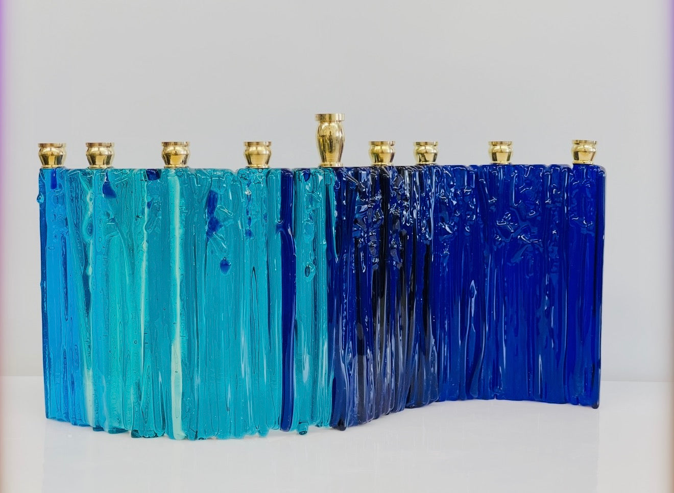 Cobalt & Turquoise Fused Glass Hanukkah Menorah – Handmade Judaica