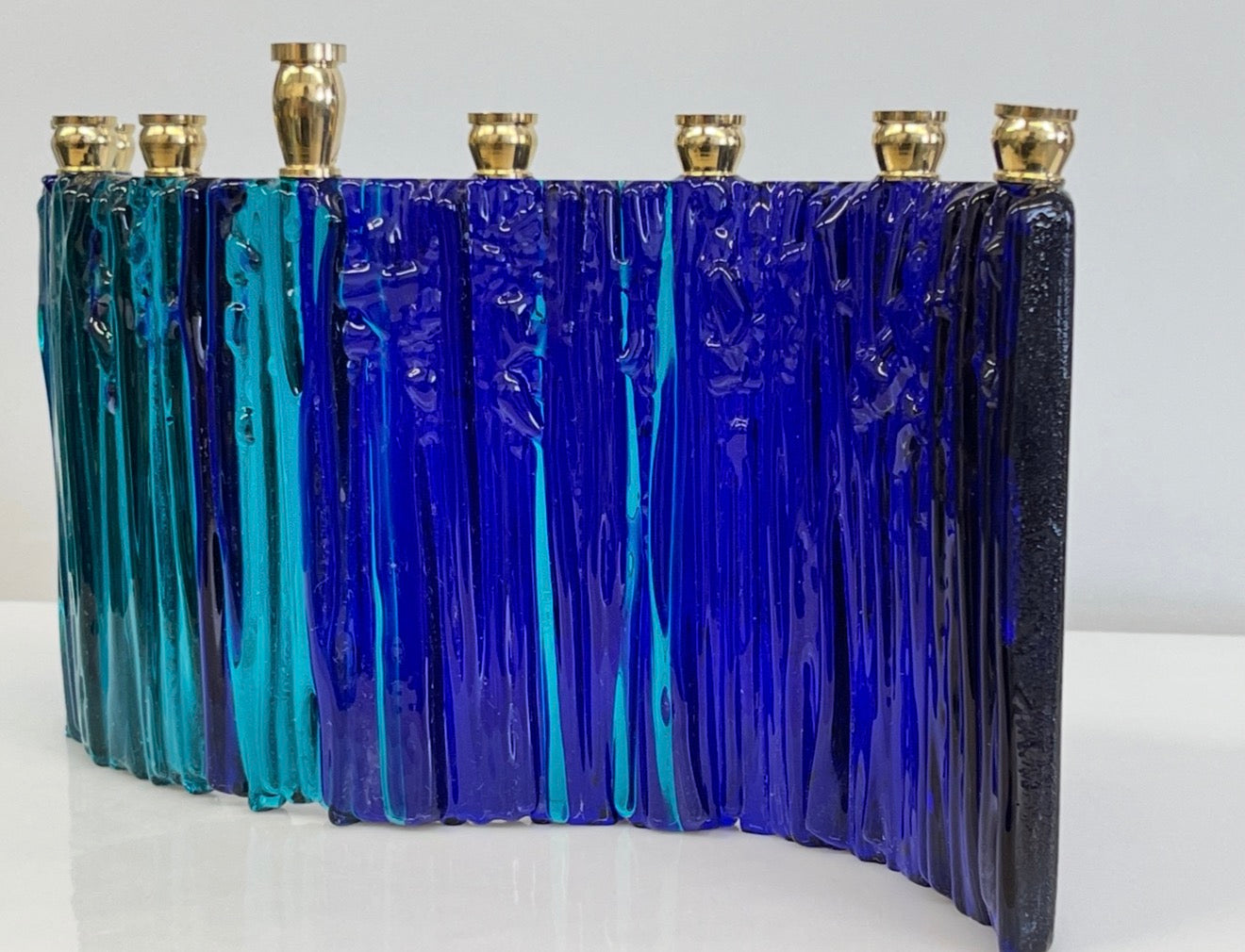 Cobalt & Turquoise Fused Glass Hanukkah Menorah – Handmade Judaica