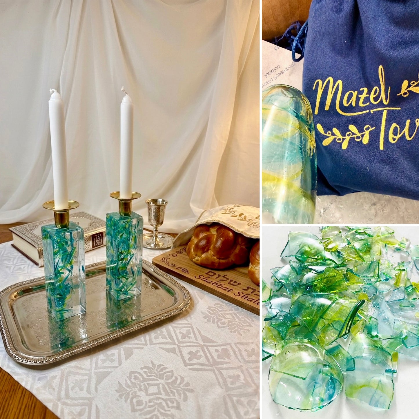 Tall Resin Shabbat Candlesticks — Kit — Includes Chuppah Glass for your Jewish Wedding