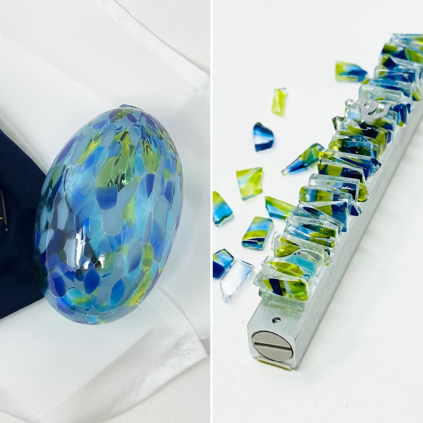 Chuppah glass in multicolour blue and vertical mezuzah