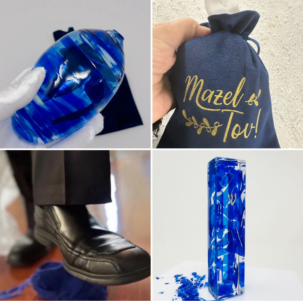 Wedding Breaking Glass with blue velvet pouch, a groom stomping on it - Chuppah Glass Mezuzah Kit with Resin Art Piece, Jewish Wedding Gift