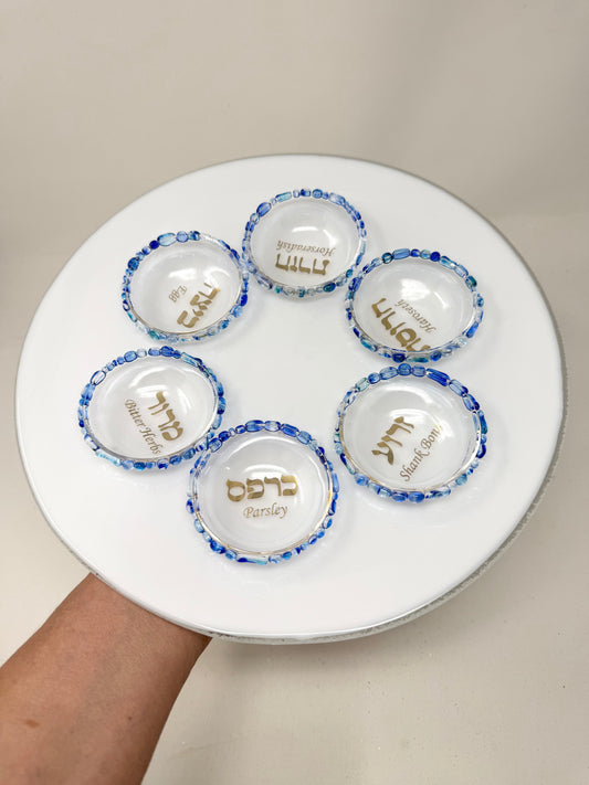 White Opal Seder Plate with Clear Glass Liners