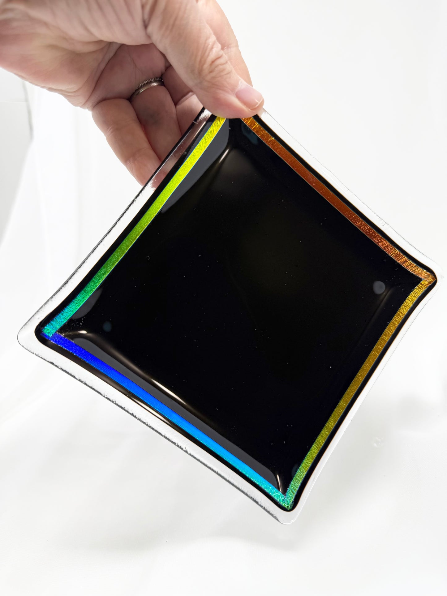 Square Platter – Black with Rainbow Dichroic Rim – 15 cm