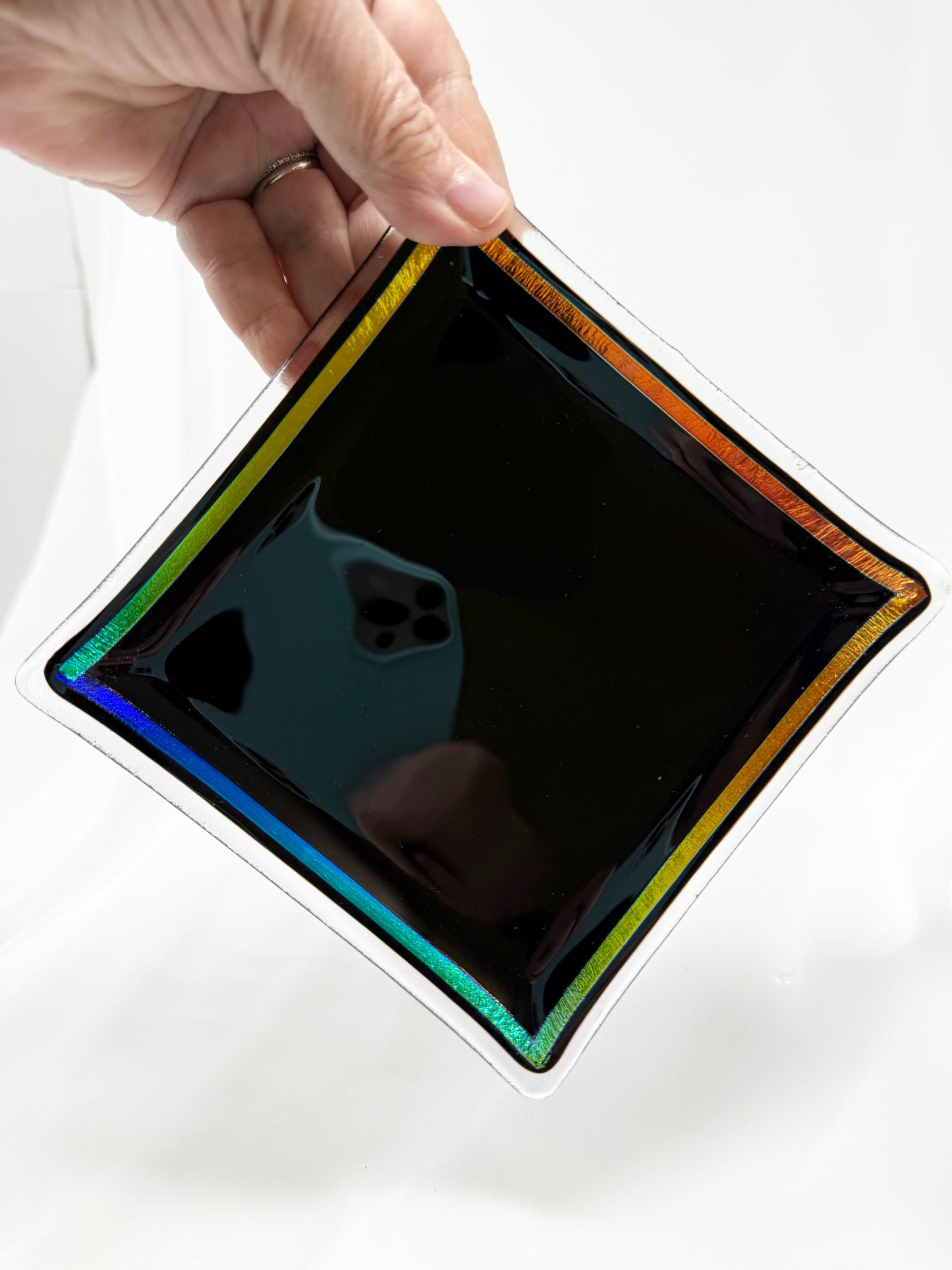 Square Platter – Black with Rainbow Dichroic Rim – 15 cm