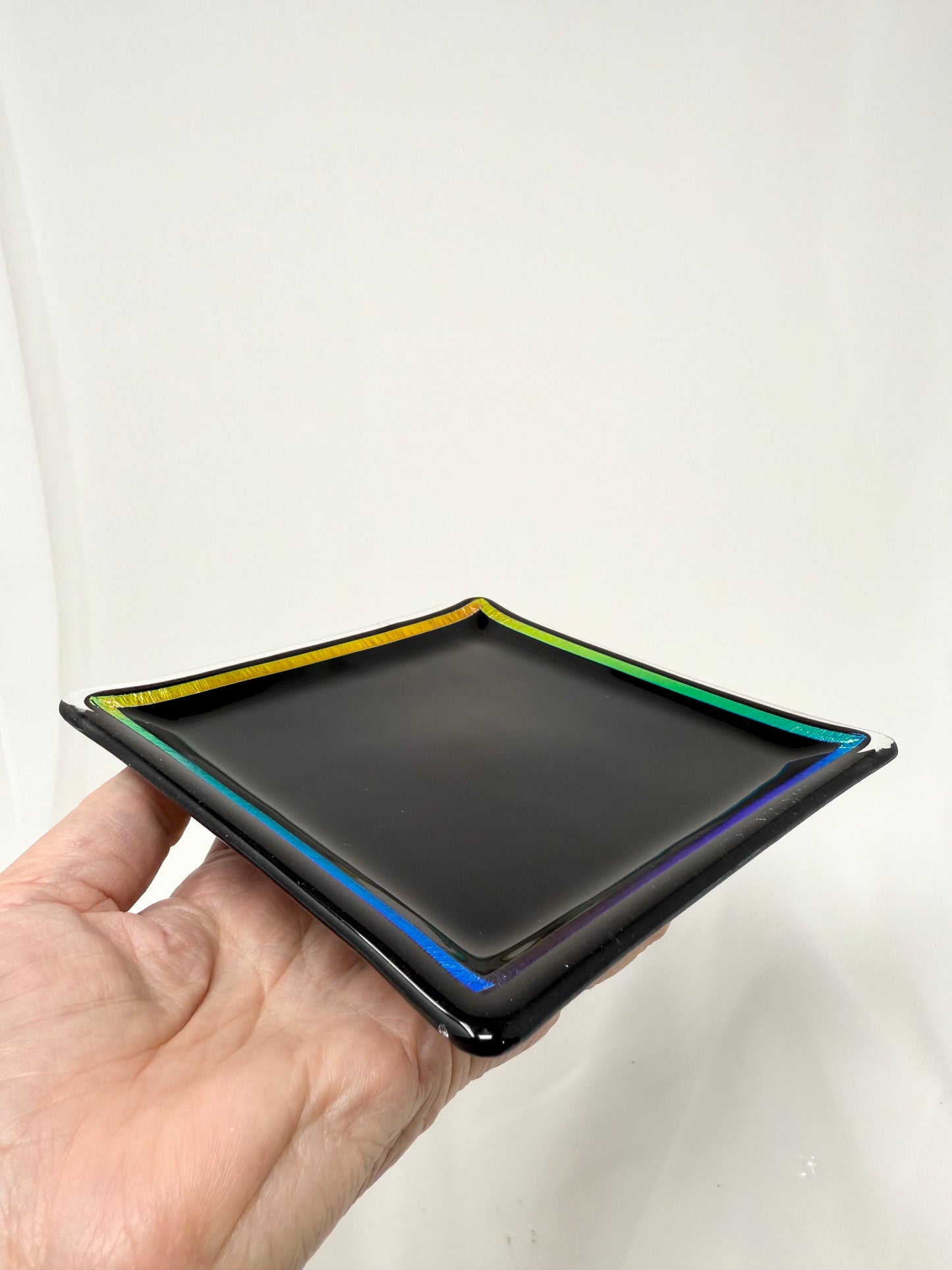 Square Platter – Black with Rainbow Dichroic Rim – 15 cm