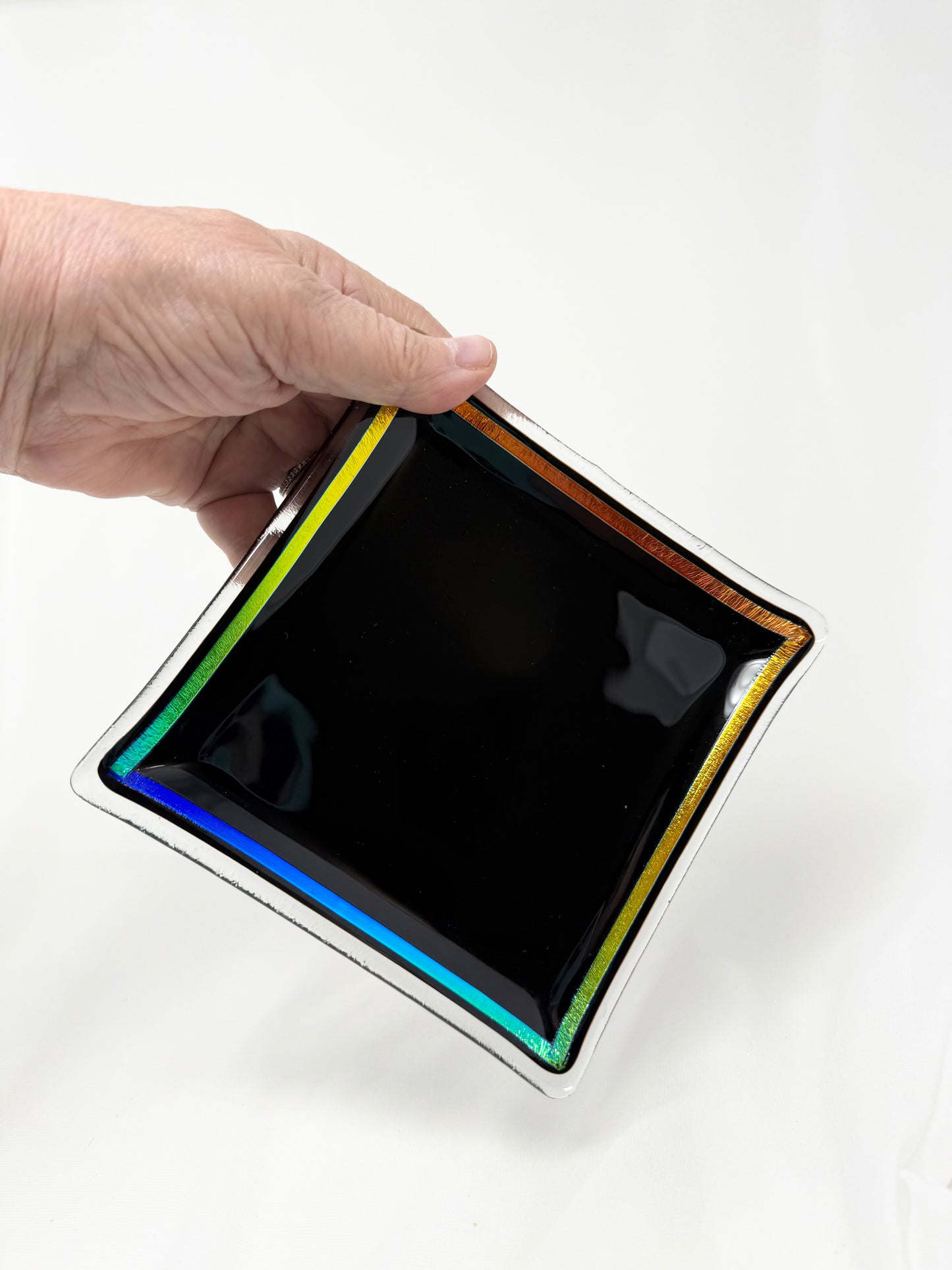 Square Platter – Black with Rainbow Dichroic Rim – 15 cm