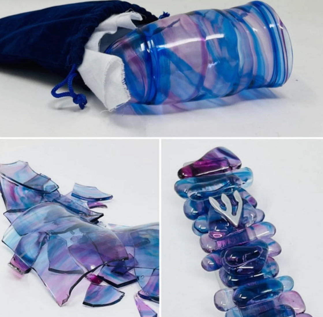 Collage of three images showing the journey of Chuppah Glass: the first image features an elegant glass piece meant for breaking at a Jewish Wedding ceremony; the second image displays colourful glass shards from the Chuppah glass after being broken; the third image showcases a finished mezuzah, beautifully crafted from the wedding glass shards, ready to adorn a Jewish home.