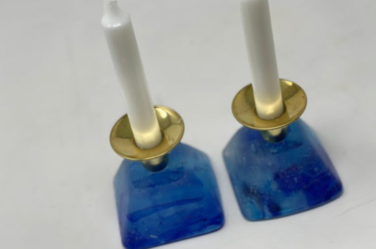 Ocean-Inspired Shabbat Candle Holders – Hand-Cast Glass Set