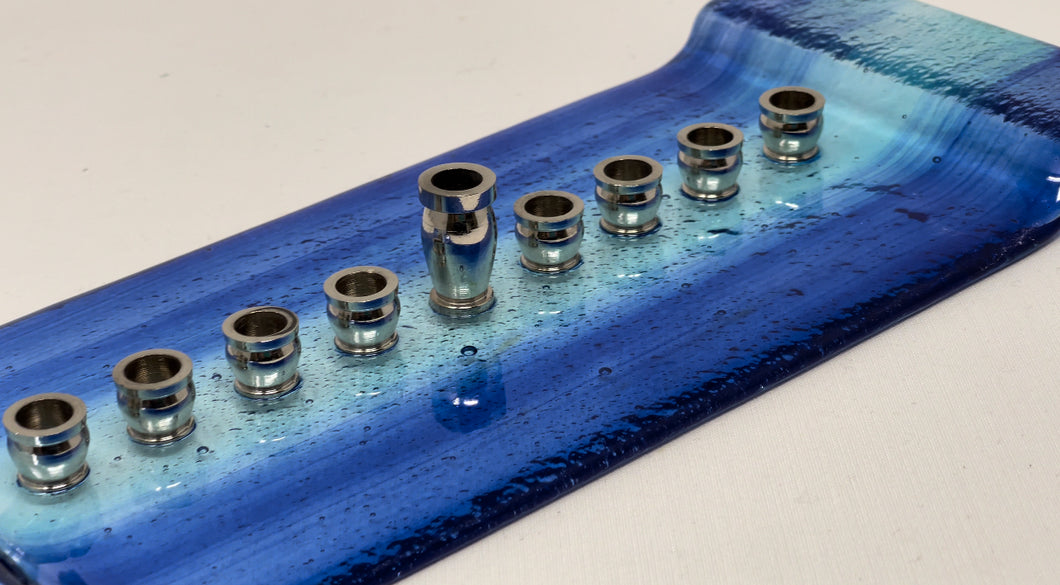 Cobalt blue and Turquoise Glass Menorah